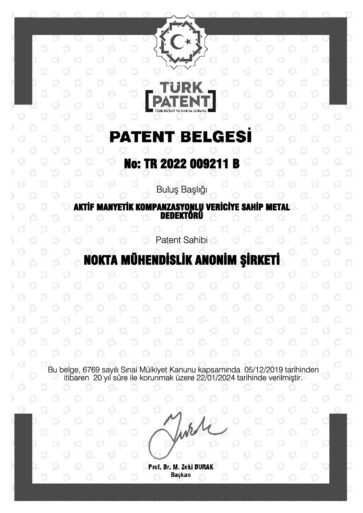 Patent Certificate: Metal Detector with Active Magnetic Compensation Transmitter (Türkiye)